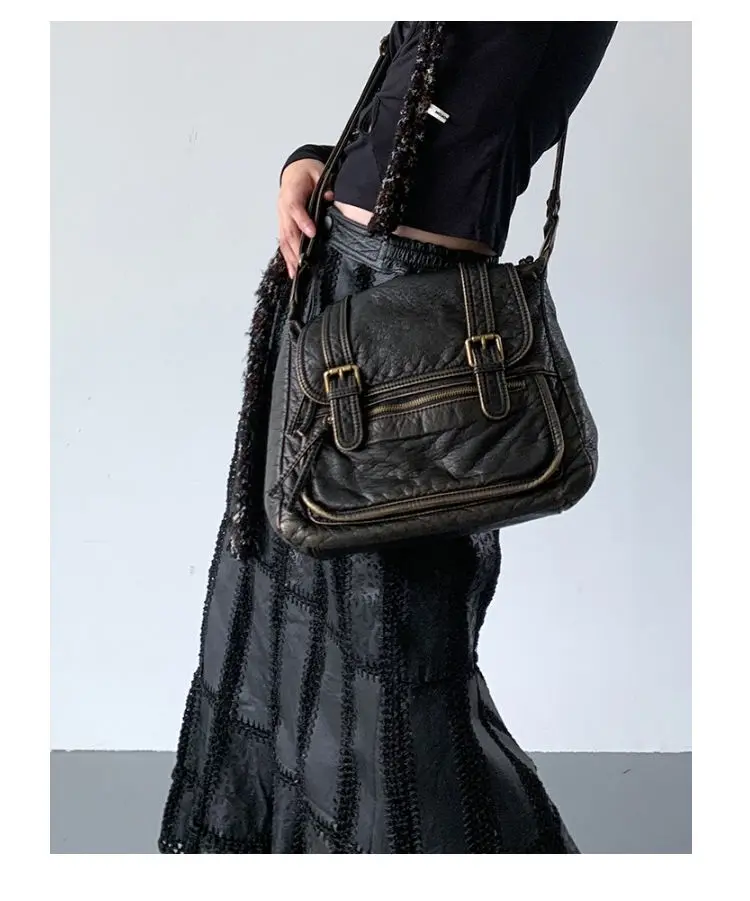JIAERDI Vintage Y2k Grunge Messenger Bag Women Retro Leather Soft Chic Black Handbag Female Casual Crossbody Square Bag Bolsa