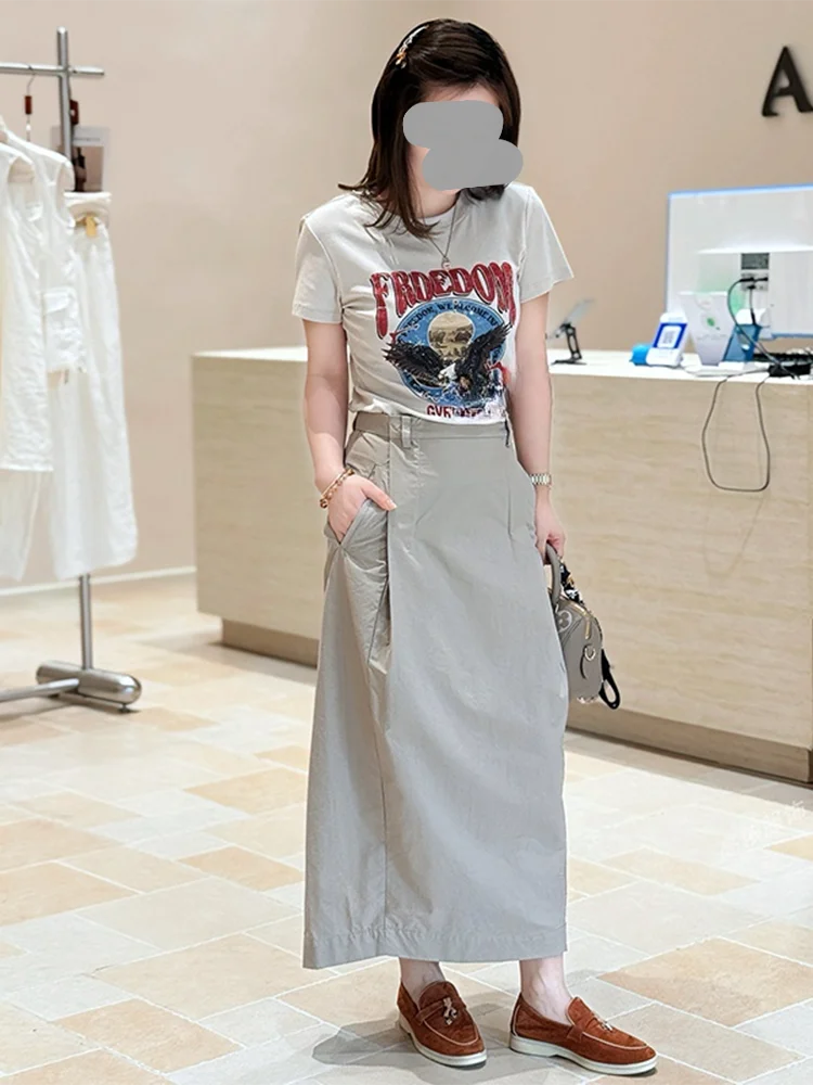 

Sweet Cool Spicy Girl Set Women's Letter Print Short Sleeve T-Shirt Summer High Waist Slimming Midi Skirt Two Piece Set Trendy