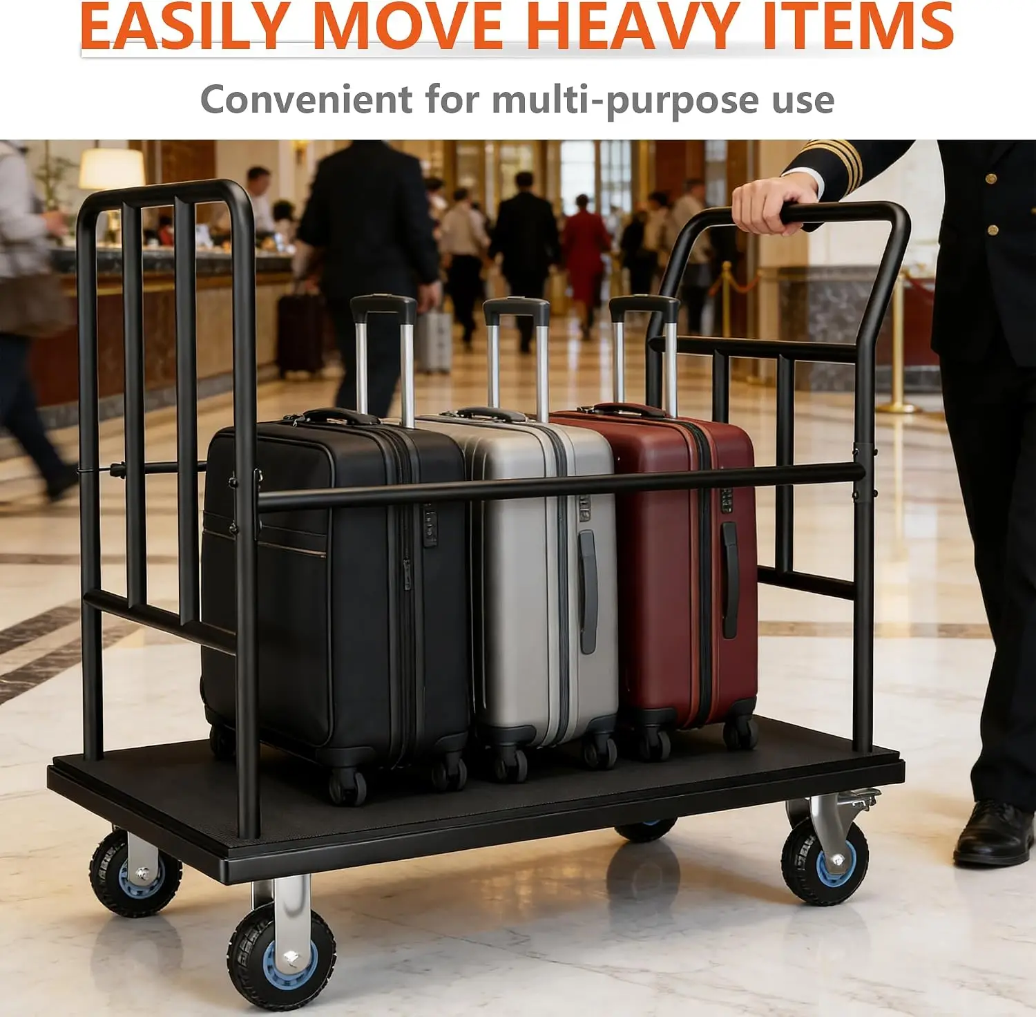 Luggage Cart with Wheels, Hotel Luggage Trolley with Side Elastic Rope & Protective Rails, 5” Quiet Wheels with Brakes, Heavy-Du