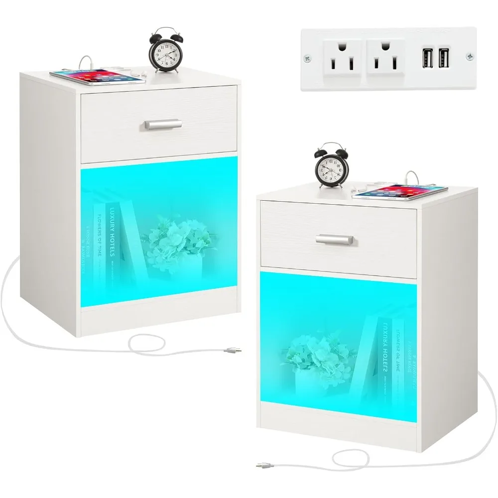 

Nightstand Set of 2, Night Stand with Charging Station and LED Light, Bedside Table with 1 Drawer, Modern Nightstand