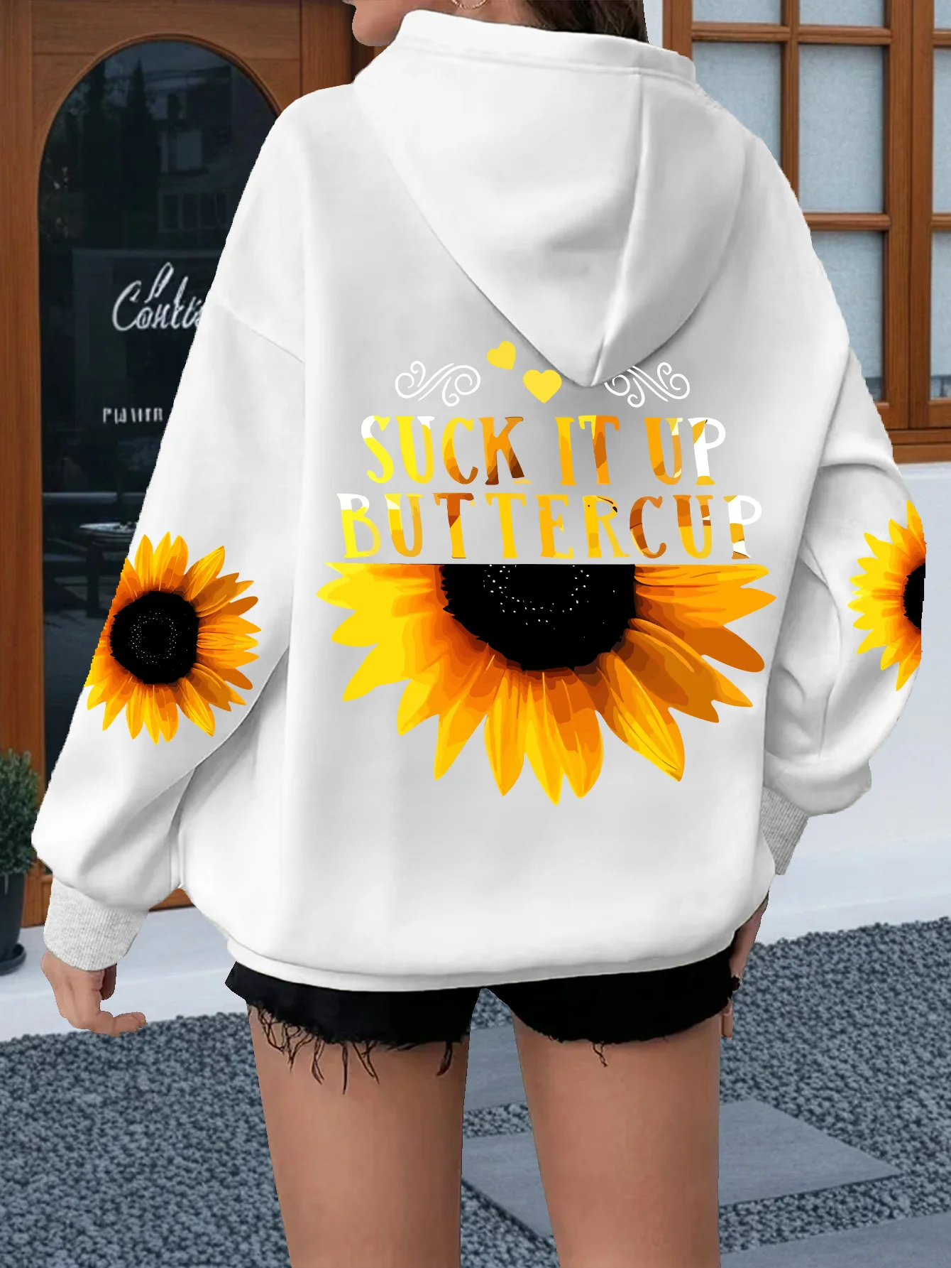 Healing Warm Yellow Gradient Sunflower Love Printed Large Women's Hoodie, Casual Drawstring Hoodie Long Sleeve