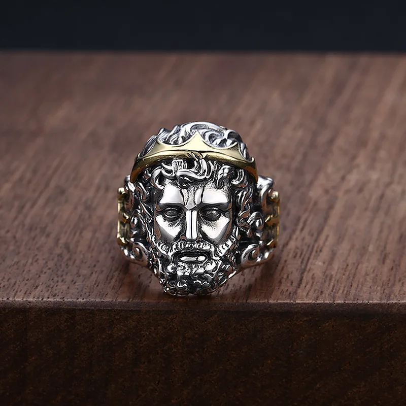 S925 sterling silver jewelry stylish sea god corrugated winter avatar portrait open ring thai silver retro index finger ring