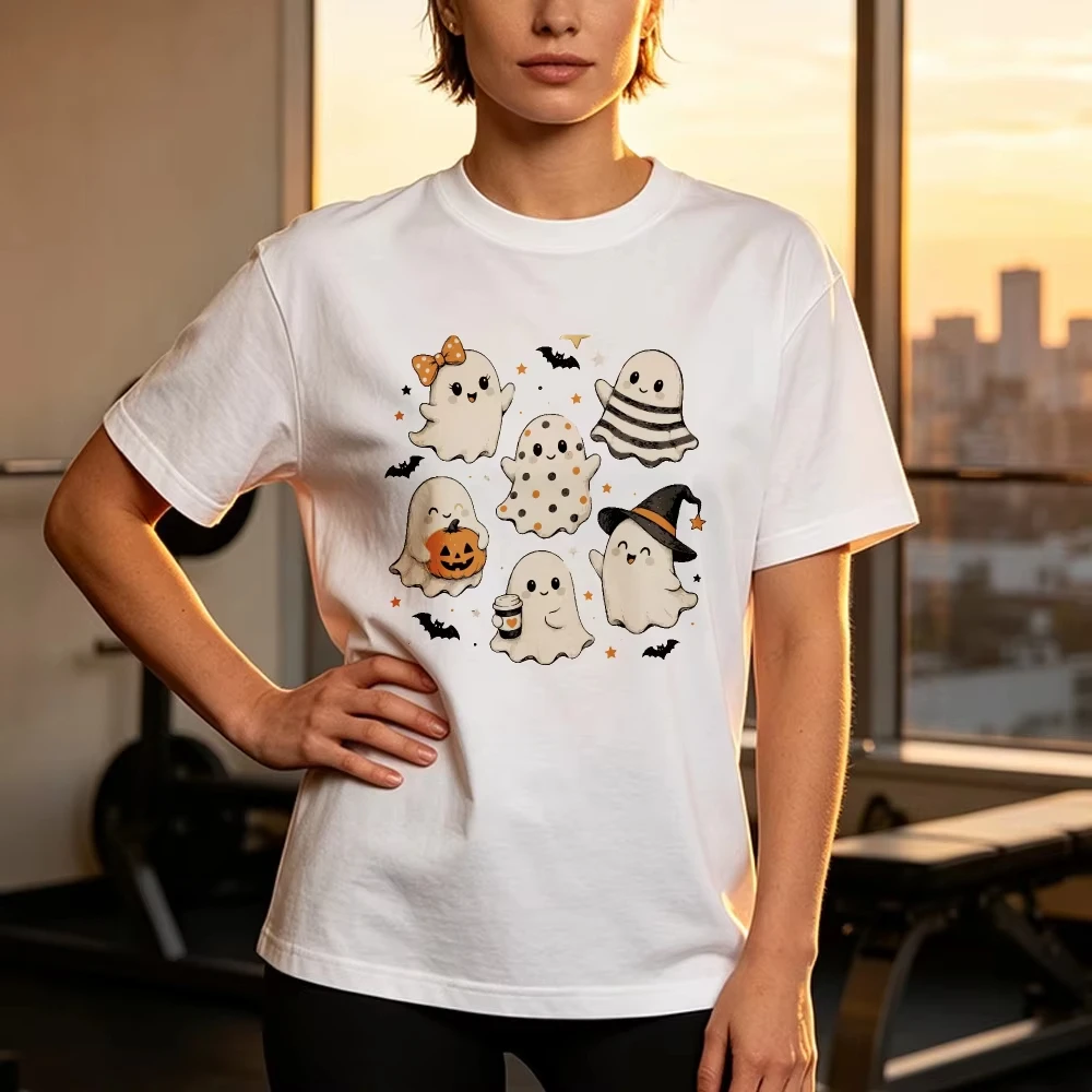 Spooky Season Halloween Shirt Autumn Ghost Shirt Fall Graphic Tee Goth Streetwear Bow Witch Hat Pumpkin Tops Unisex Cotton Tee