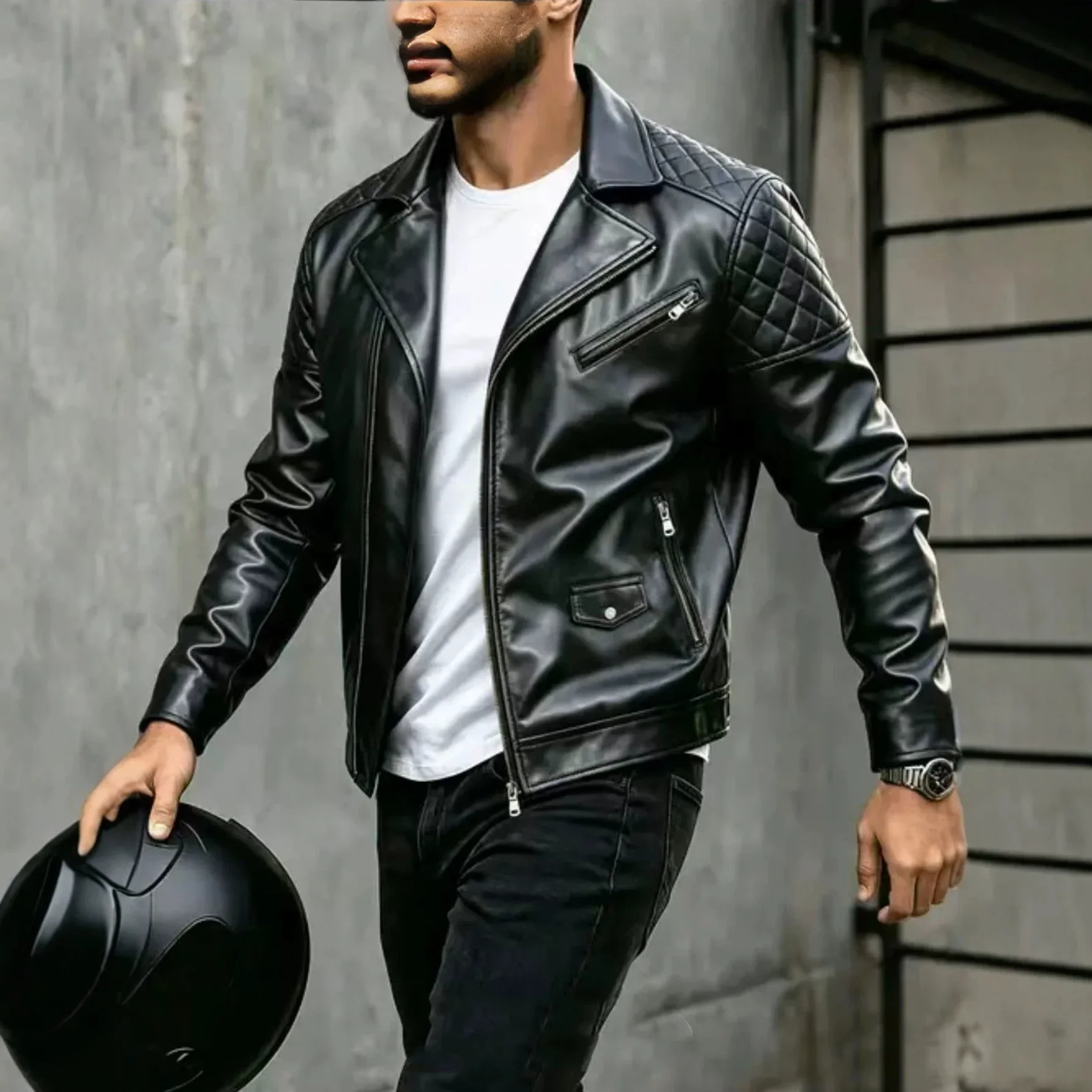 New men's locomotive PU leather jacket, rhombus pattern slim lapel jacket, European and American style casual wallet