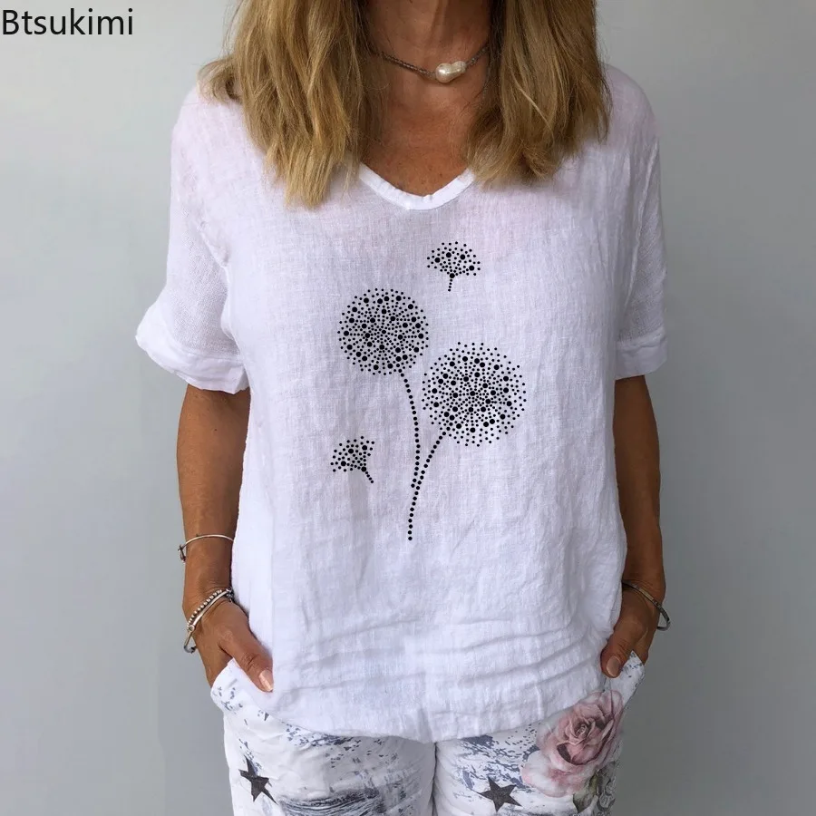 

2024 Women's Summer Floral Printed Blouses Shirts Elegant Cotton Linen Shirt Casual Loose V Neck Short Sleeve Tops Blusas Mujer