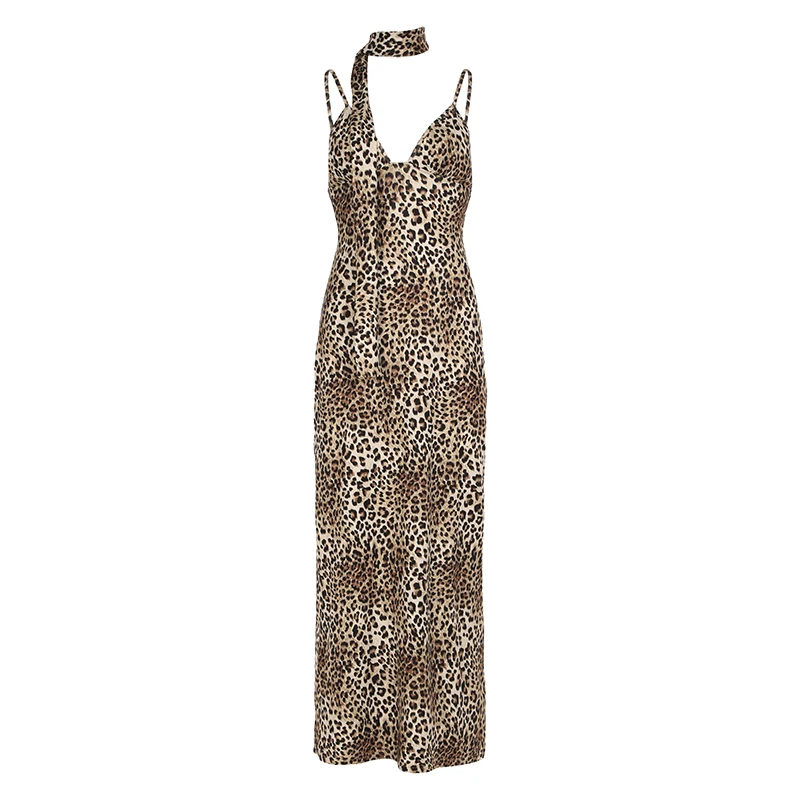 BIIKPIIK Leopard Lady Long Dress Sexy V-neck Cut-out Slim Fit Maxi Dress Loungewear Spaghetti Strap Backless Dress Club Elegant