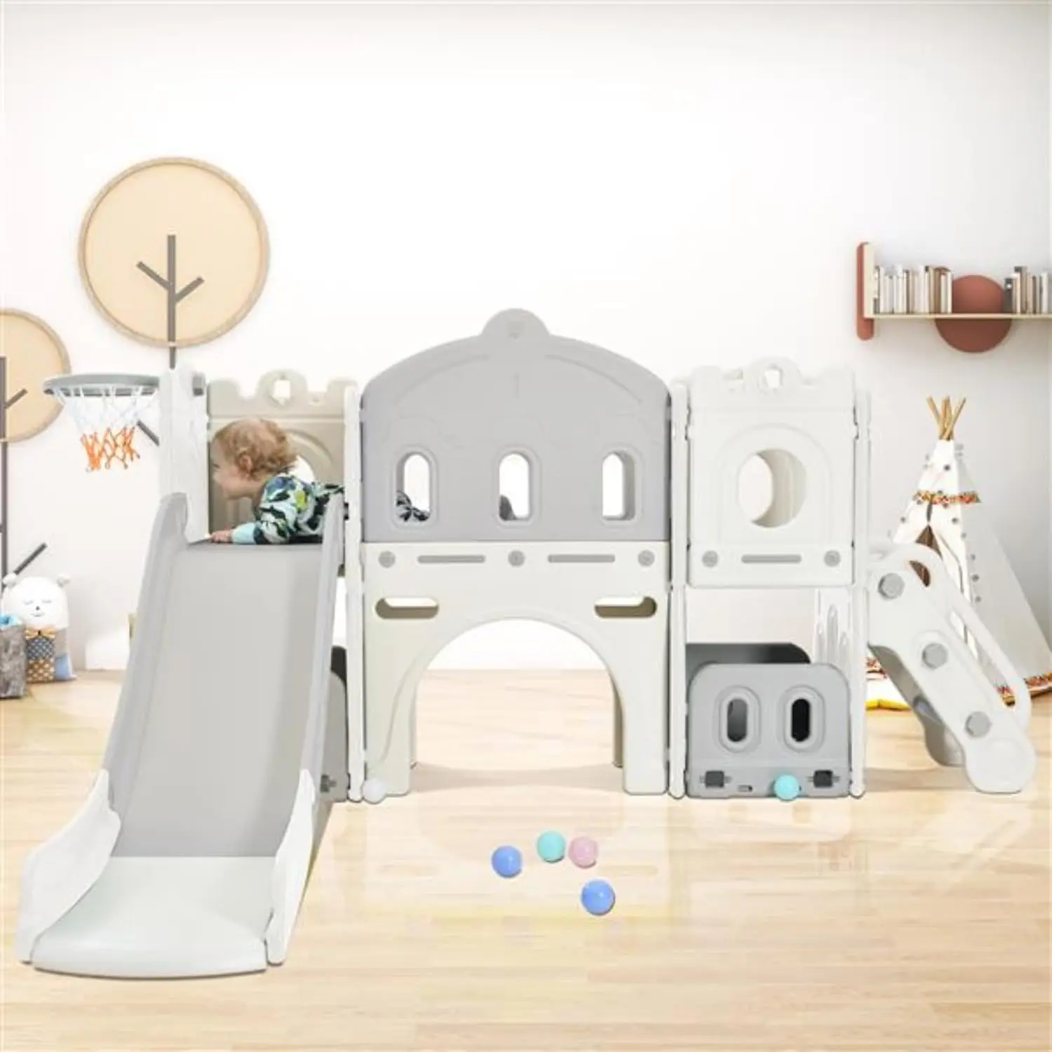 5 In 1 Children'S Slide Play Set, Free-Standing Castle Climbing Frame With Basketball Stand, Children'S Climbing Playhouse,