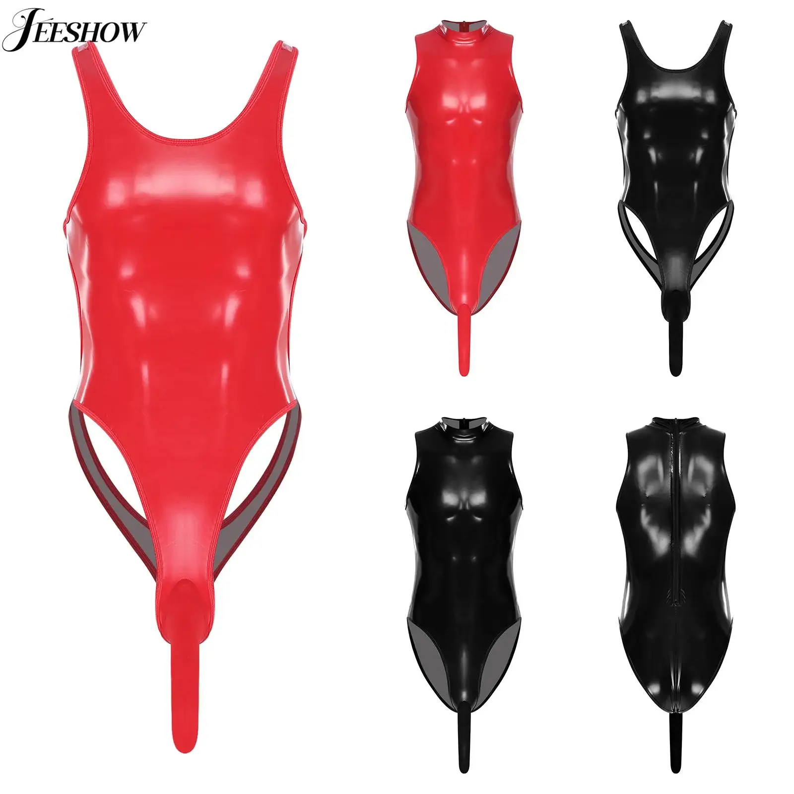 

Мужской сексуальный купальник из лакированной кожи с открытой спиной и мокрым эффектом, без рукавов, с выпуклым мешочком, боди с высоким вырезом для ночного клуба, танцев на пилоне