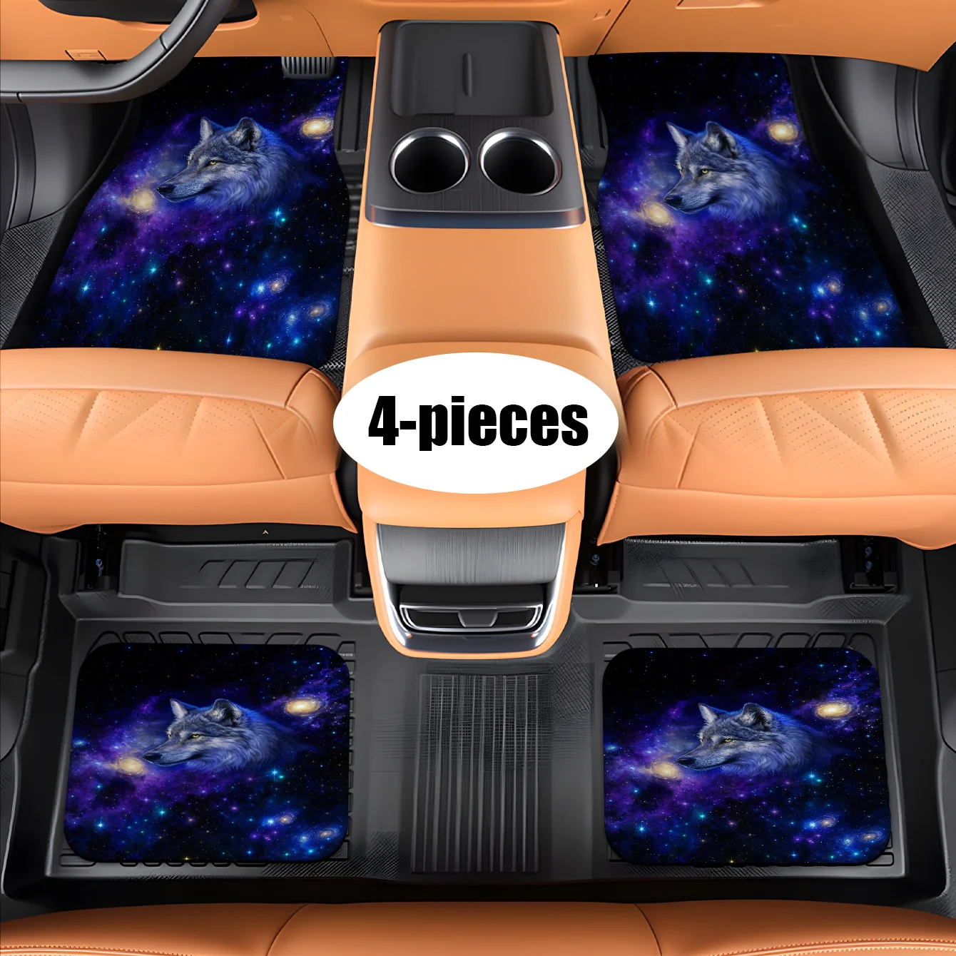 Car Floor Mats. 4pcs Set Of Universal Car Floor Mats, Nebula Wolf Head Design, Unisex Front And Rear Seat Interior Accessories,