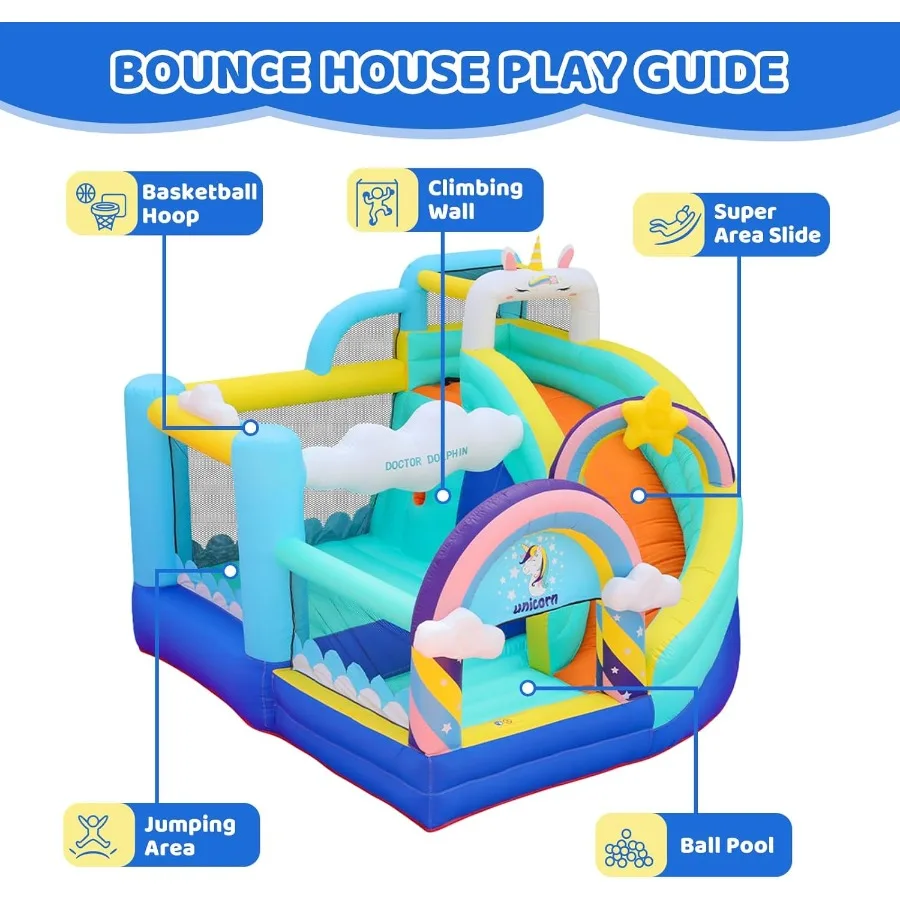 منزل ترتد قابل للنفخ، منزل يونيكورن مع منزلق، منزل نطاط قابل للنفخ مع حفر كروية، حارس القفز للأطفال من سن 4 إلى 8 سنوات،