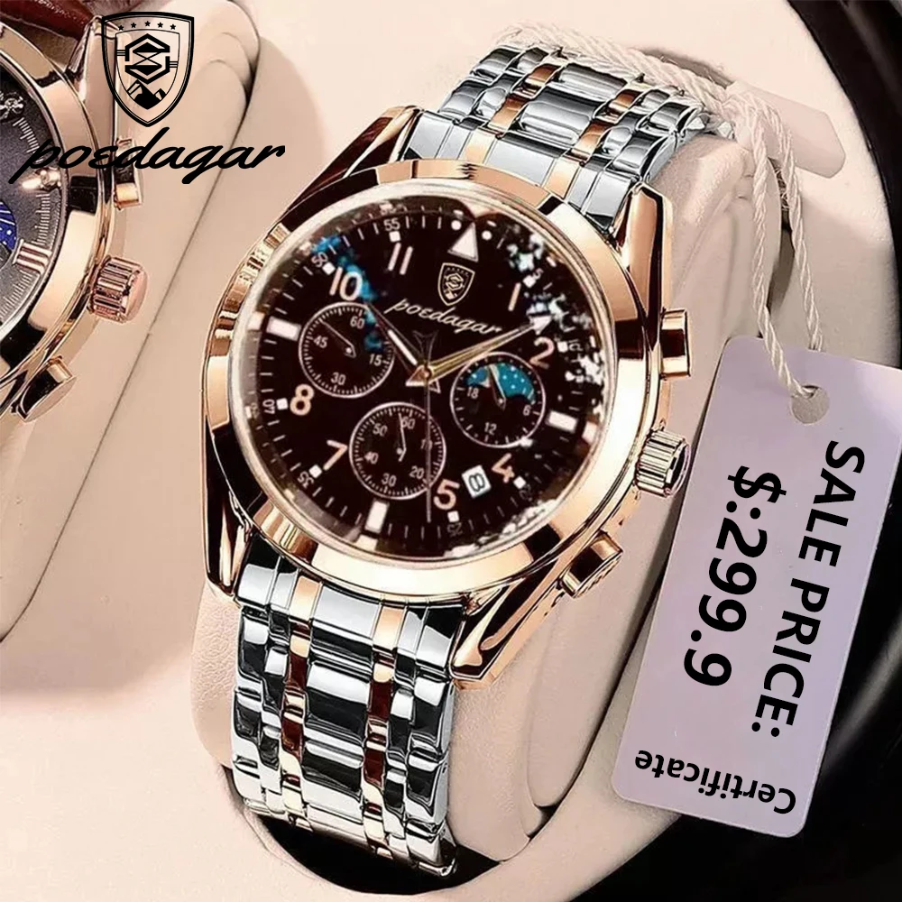 POEDAGAR Men Watch Luxury Business Quartz Watches Stainless Stain Strap Sport Chronograph Men's Wristwatch Waterproof Luminous