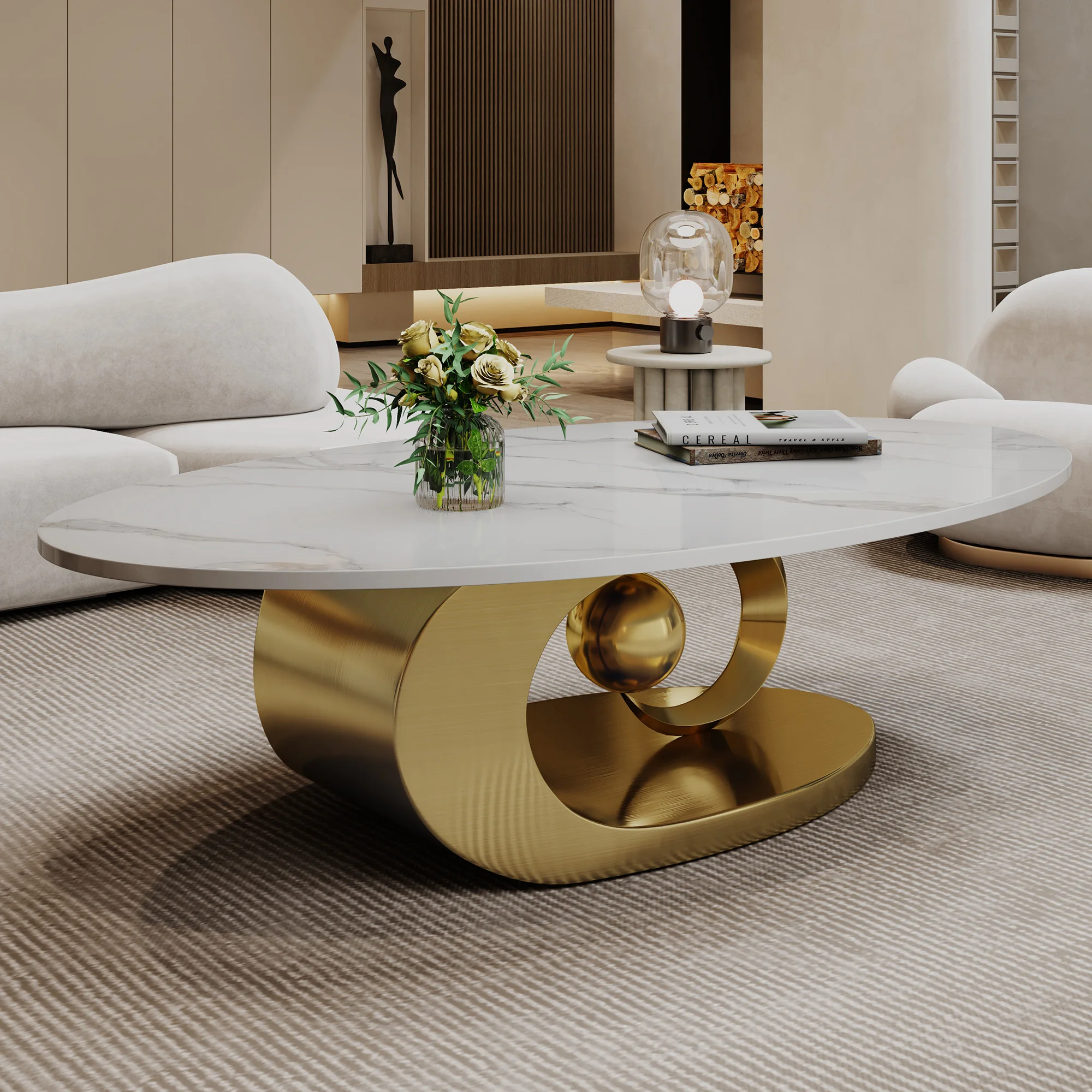

Sculptural Stainless Steel Base Coffee Table with Marble Top