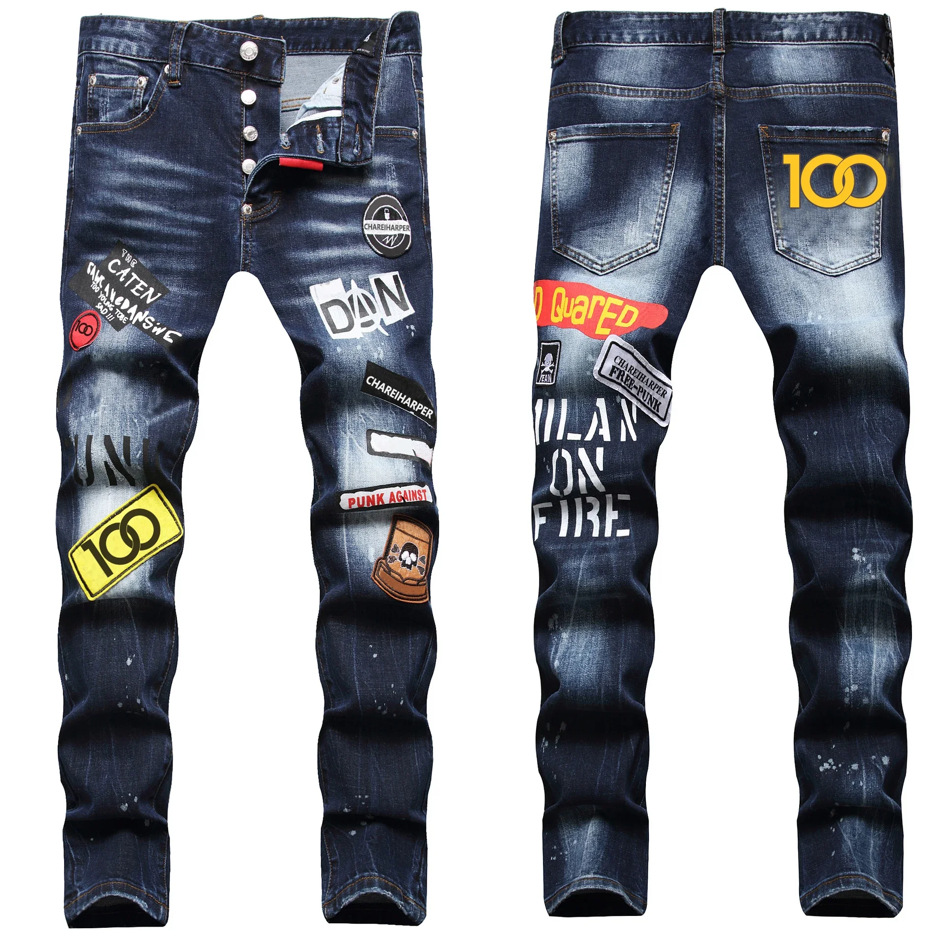 chareiharper 100 089 plus sizeJeans fashion brand printed men's jeans trend slim slim feet mid-waist pants men