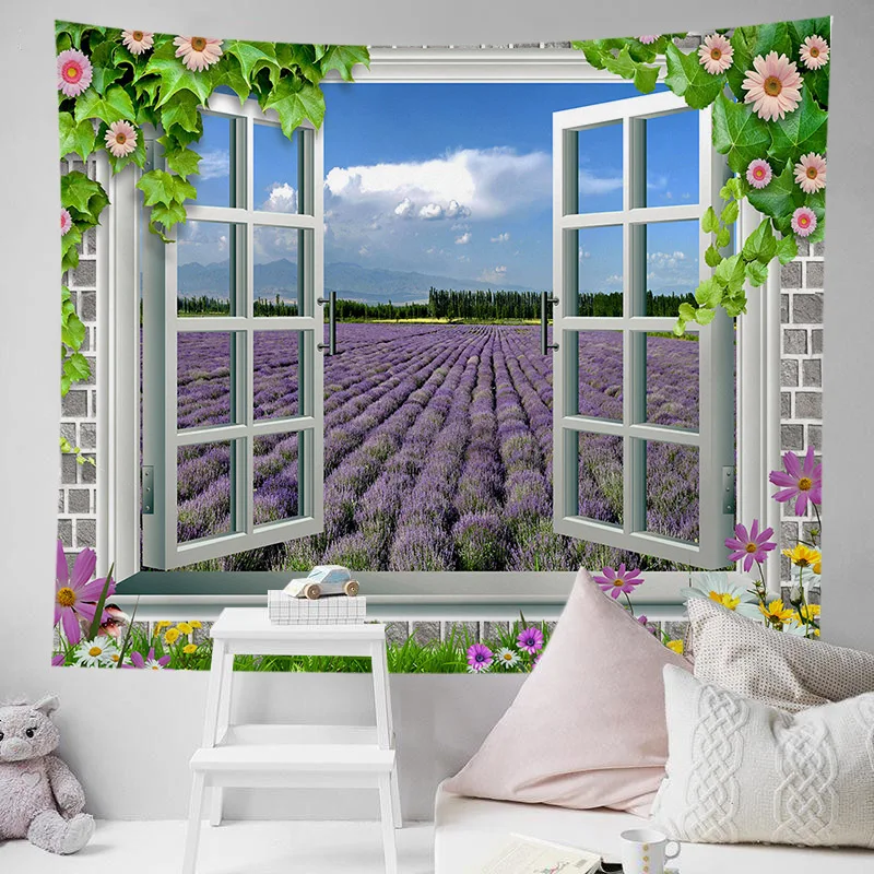 Tapestry wall background 3D wonderful scenery beautiful window tiles background decorative hanging cloth