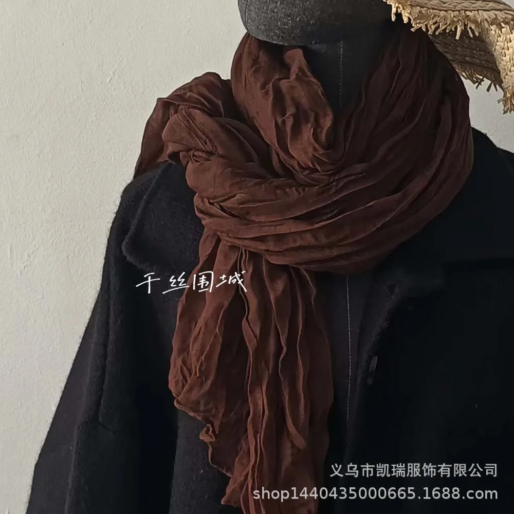 Solid Color Linen Cotton Scarf - Vintage Crinkle Green Long Shawl Unisex Lightweight Thermal Wrap