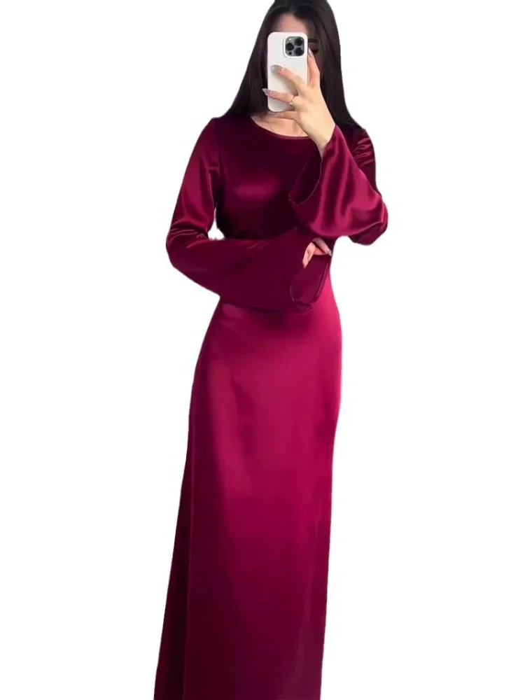 Satin Muslim Dress Women Party Dresses Abaya Jalabiya Bandage Morocco Dubai Islam Eid Vestidos Arab Solid Caftan Long Robe 2024