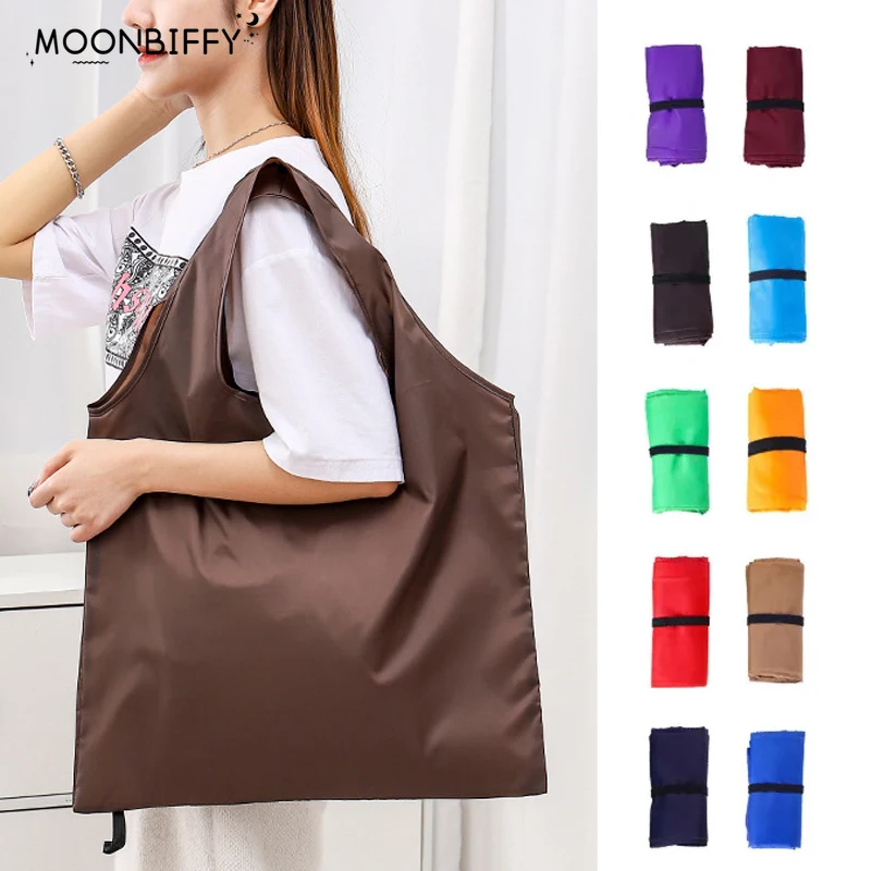 Bolso de compras plegable de Color sólido, bolsa de comestibles de viaje reutilizable, respetuoso con el medio ambiente, bolso de un hombro para