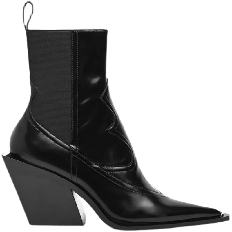 2024 New Autumn Winter Pointed Toe Chunky Abnormal Wedge Boots Fashion Slip ON Patent Leather Women Shoes Female Dress Boots