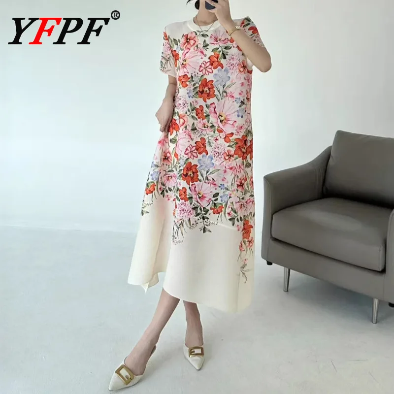 

YFPF Miyake Pleated Dress Women Fashion Floral Printing Design Short Sleeve A Line Dresses 2025 Summer New Clothing 3A418