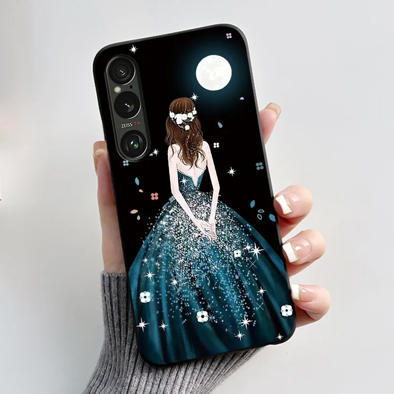 Capa com estampa de desenho animado de flores fofas para Sony Xperia 1 VI / Xperia 1 VII, capa de silicone macia preta.