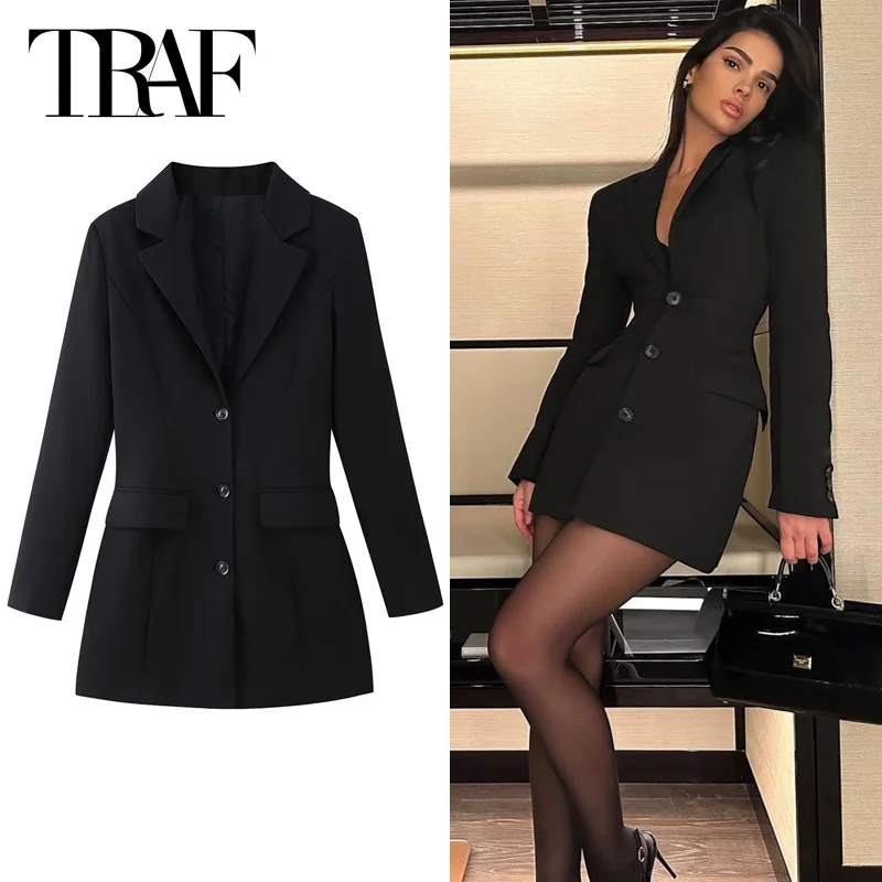 

TRAF 2025 женское платье, черные платья-пиджаки, офисная одежда, Vestidos, мини-платья с длинными рукавами, элегантные повседневные универсальные платья