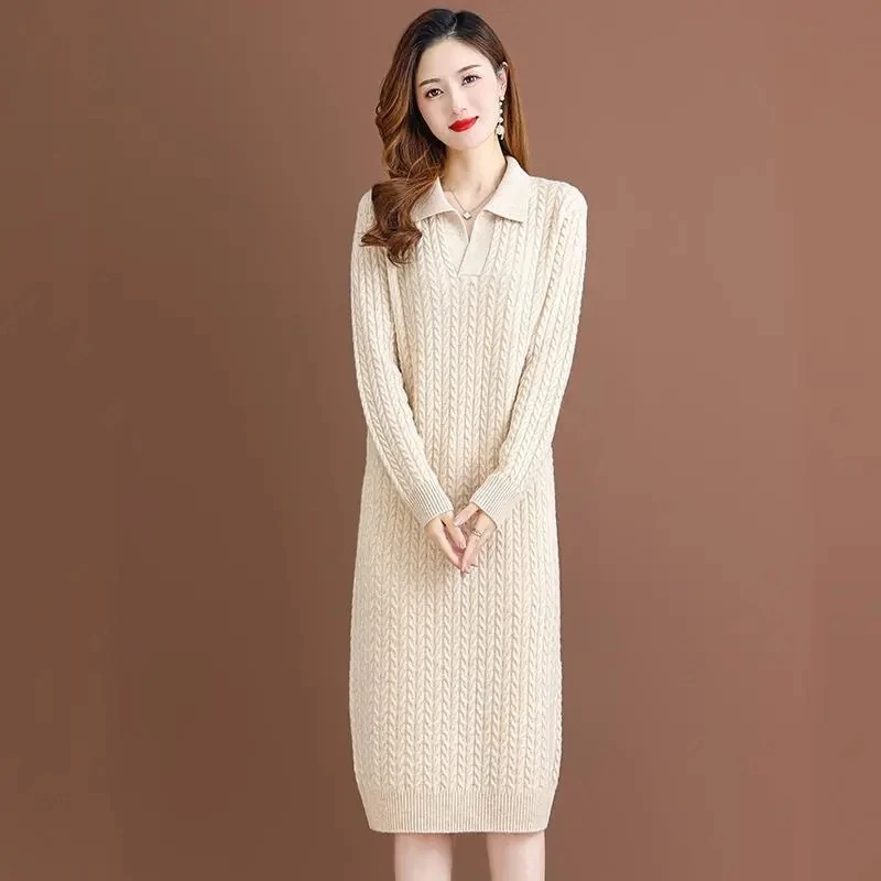 Fashion Lapel Knit Dress For Women New Spring Autumn Korean Casual Loose Long Pullover Sweater Dresses Female Bottomming Shirts