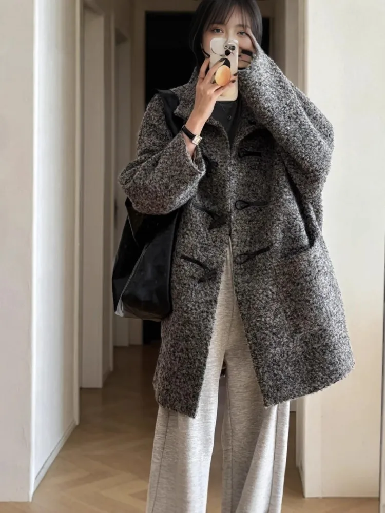 جديد أزياء المرأة البقرة القرن زر الصوف يمزج الوقوف طوق متوسطة طول معطف الصوف فضفاضة تناسب ملابس خارجية معطف الخريف الشتاء #5