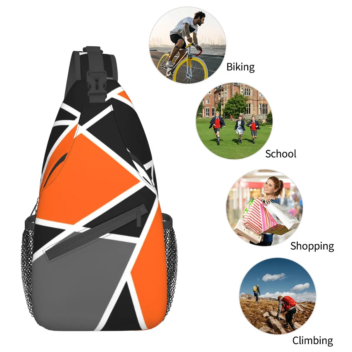 Geometric Modern Crossbody Sling Bag Small Chest Bag Orange Mondrian Art Shoulder Backpack Daypack Travel Hiking Camping Satchel