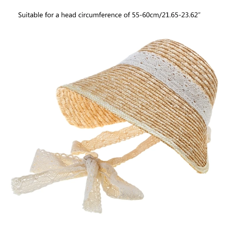 50JB Women French Straw Hat Laceup LolitaStyle Sun Protective Hat Large Brim Headwear