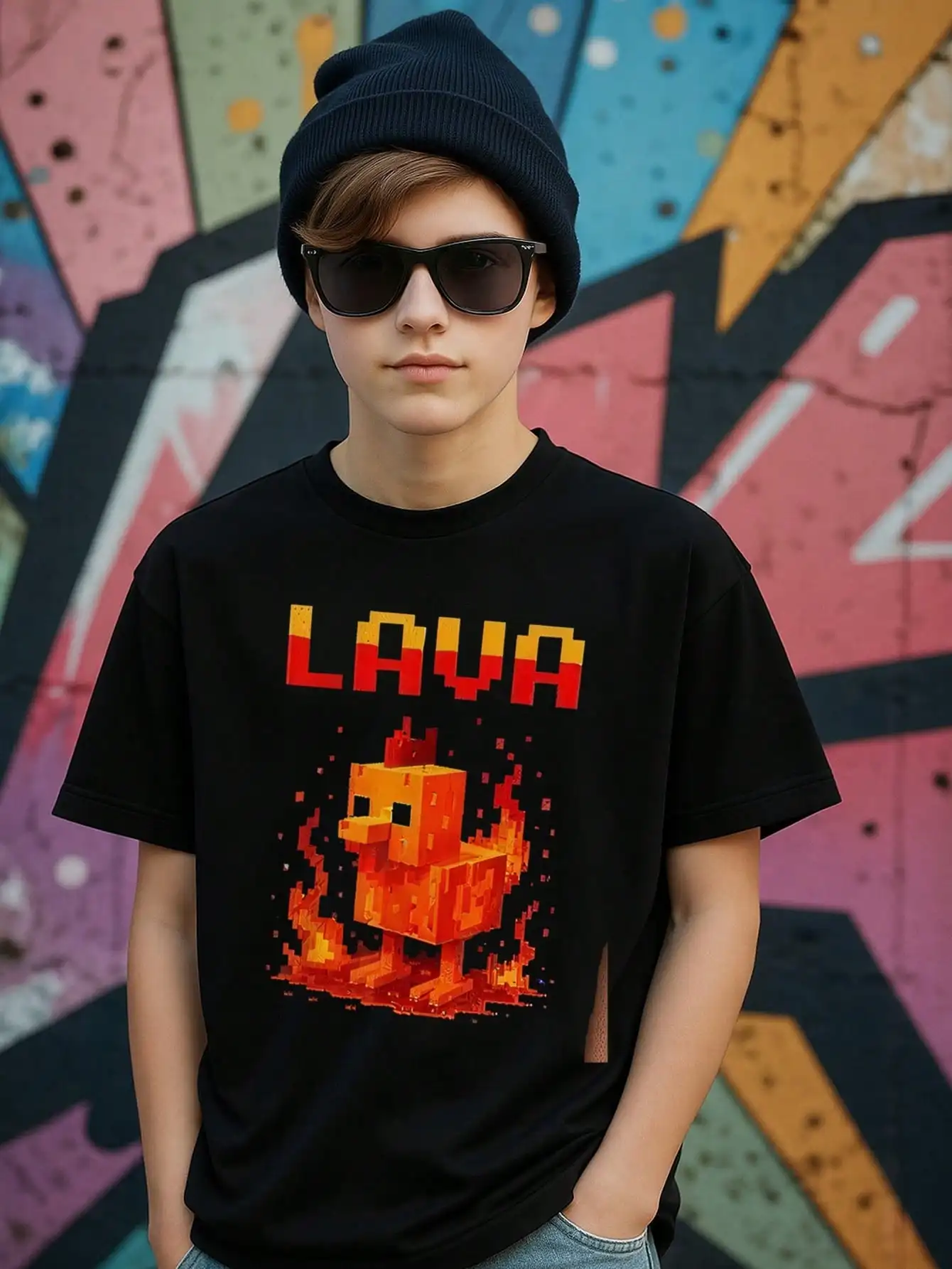 

Tween Boys Pixel Art Game Cotton Graphic Tees, Black Casual Style Summer Tops With "LAVA" Text