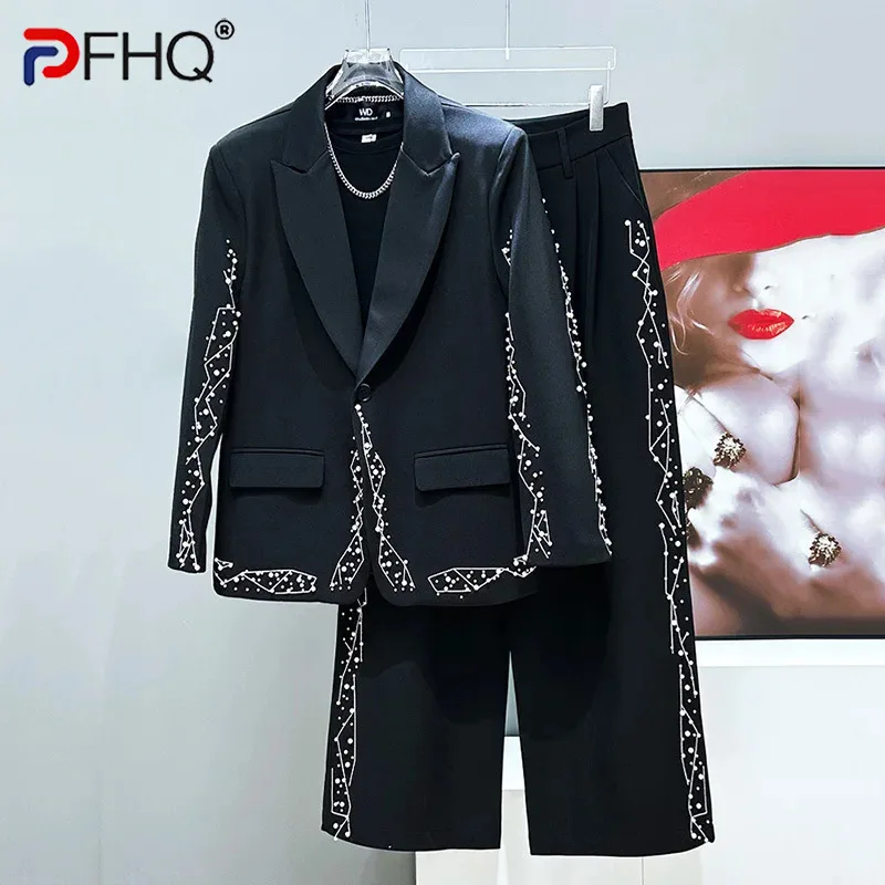 Men's Casual Loose Fitting Suit with Embroidered Pearl Details