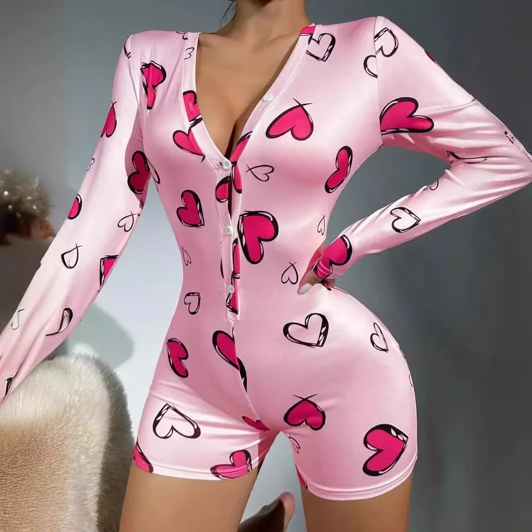 Summer Sexy Heart Print Pajama Romper Short Sleeve Button Up V Neck Slim Fit Romper Women\'s Sleepwear Loungewea
