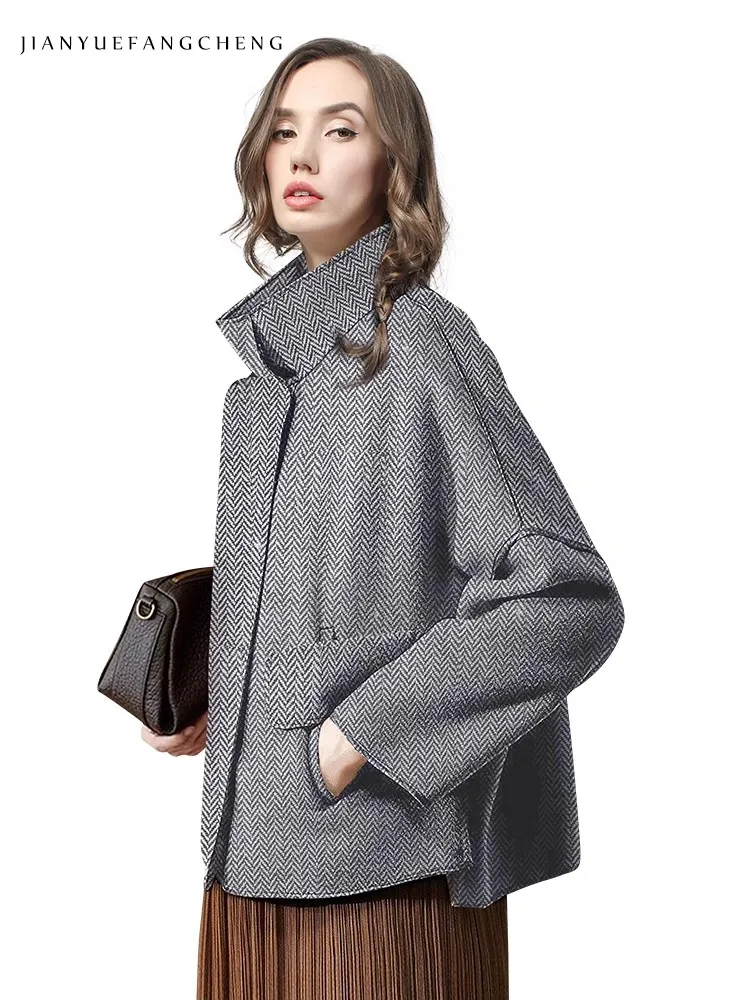 2024 Fall Winter New Women' Grey Woolen Windproof Jacket Loose Long Sleeve Warm Cozy Retro Female Winter Top Coats