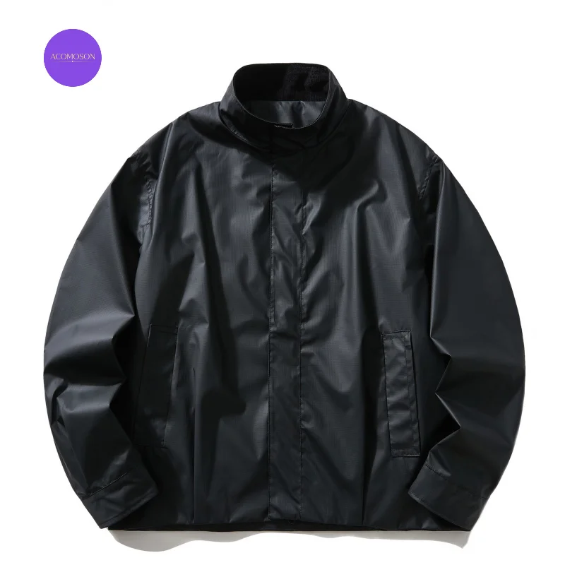 ACOMOSON Retro Corduroy Collar Patchwork PU Leather Stand-Up Collar Jacket Unisex Loose Fit Cleanfit Bomber Jacket