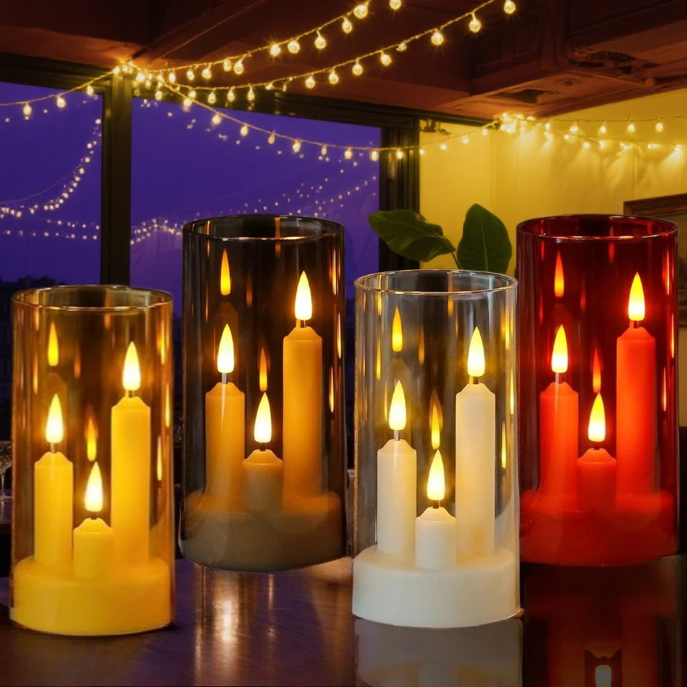 3 in 1 Flameless Taper Candles with Lampshade Battery Operated LED Acrylic  Flickering LED Candles Lighting