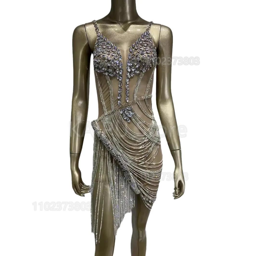 Robe de luxe à bretelles en strass, chaîne en diamant, robe de Banquet, de Club, de spectacle sur scène, de pom-pom girl, brillante