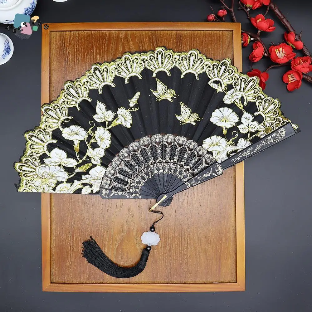 Art Craft Handheld Chinese Style Folding Fan Lace with Fan Ring Decorative Fan Plastic Handle Vintage Folding Fan Ladies Gift