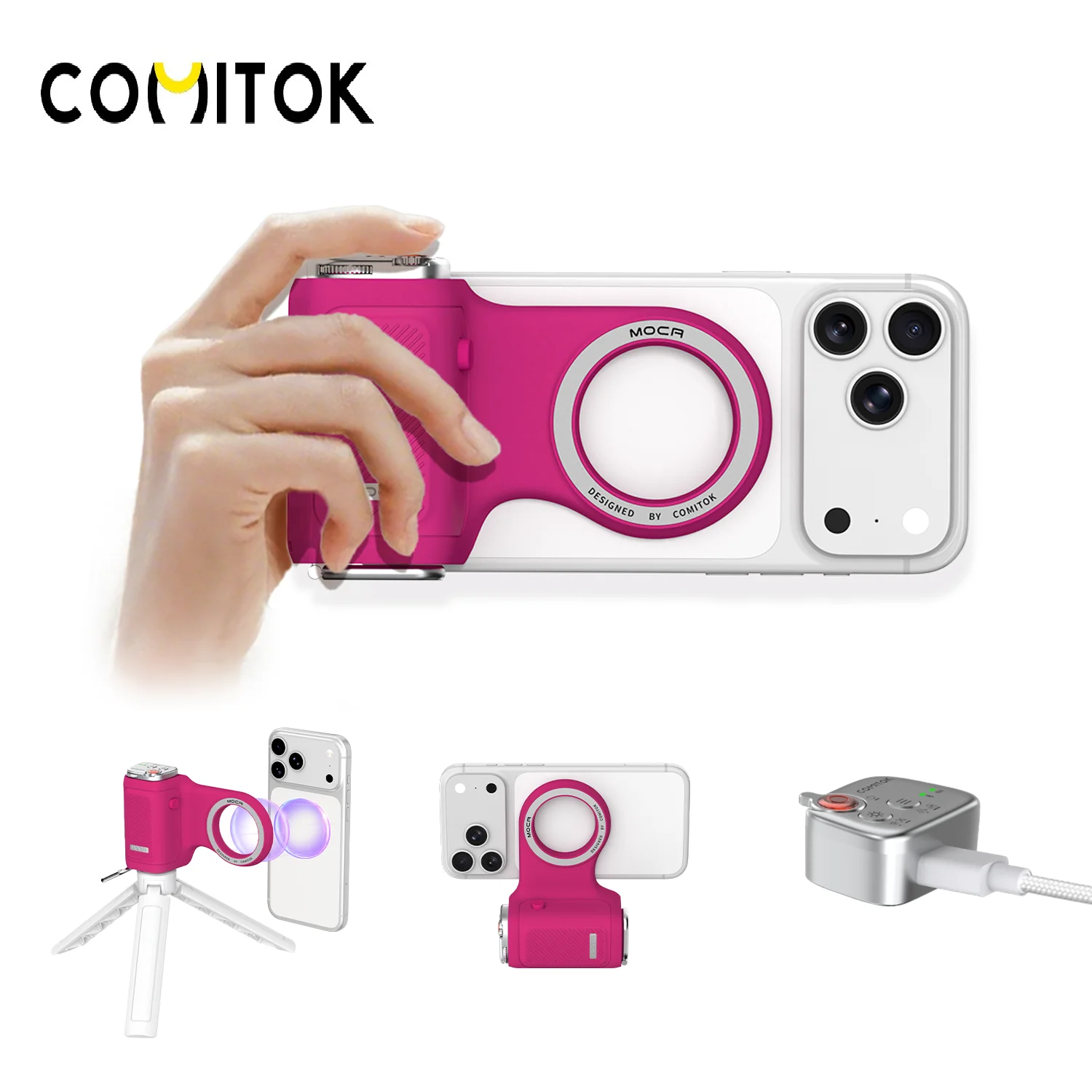 COMITOK MOCA Magnetic Phone Camera Grip for iPhone 17 with Detachable Remote Control for Native Camera Control MagSafe Phone Holder Compatible with IOS17/18/26 for Vlogging Live Streaming Travel Photography
