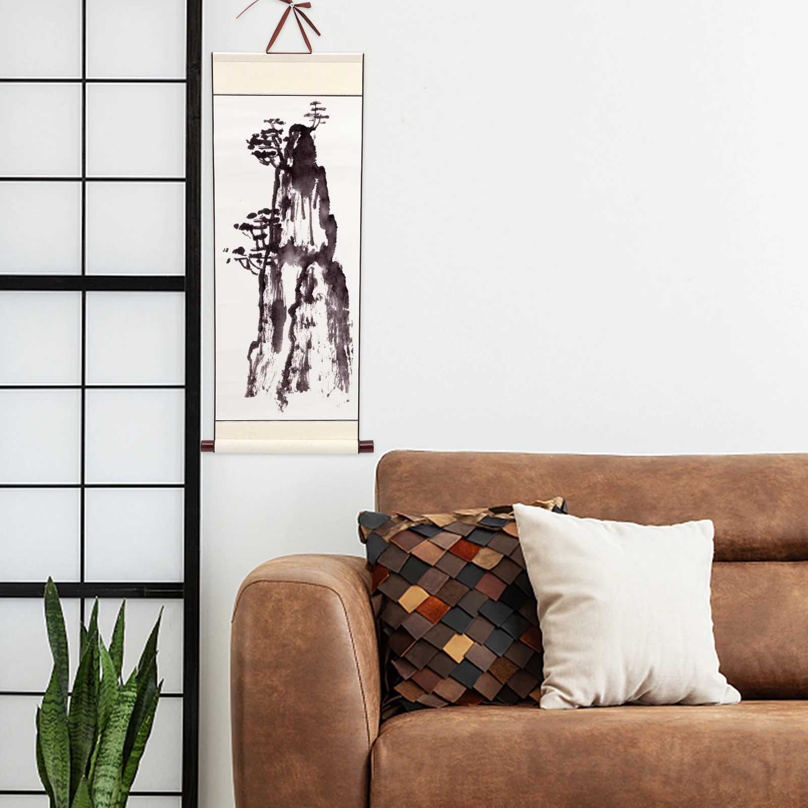 

Wall Hanging French Painting and Rice Paper Chinese Calligraphy Art Scroll White