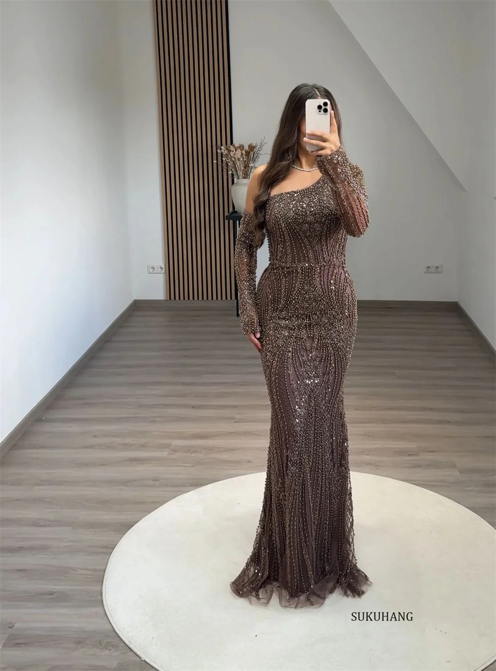 SUKUHANG Long Sleeve Dubai Beading Evening Dresses Mermaid Floor Length Wedding Party GownsCustomized