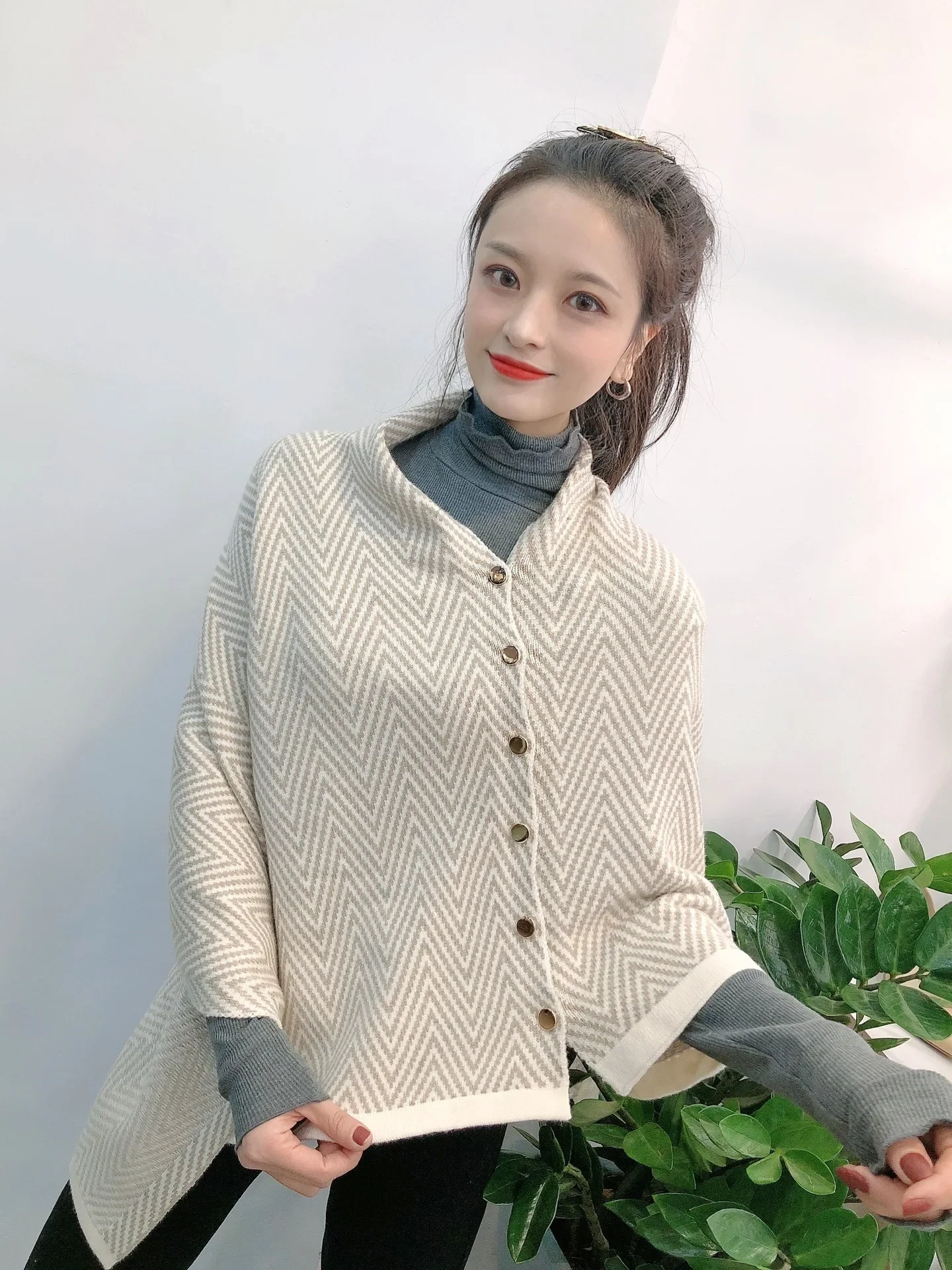 New button corrugated scarf shawl dual-purpose autumn and winter thickened warm imitation cashmere women's scarf  Beige