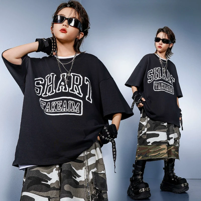 

Boys Hip Hop Clothes Sets Short Sleeves T Shirt Camo Shorts Summer Drum Break Locking Dance Costume Stage Performance Clothing