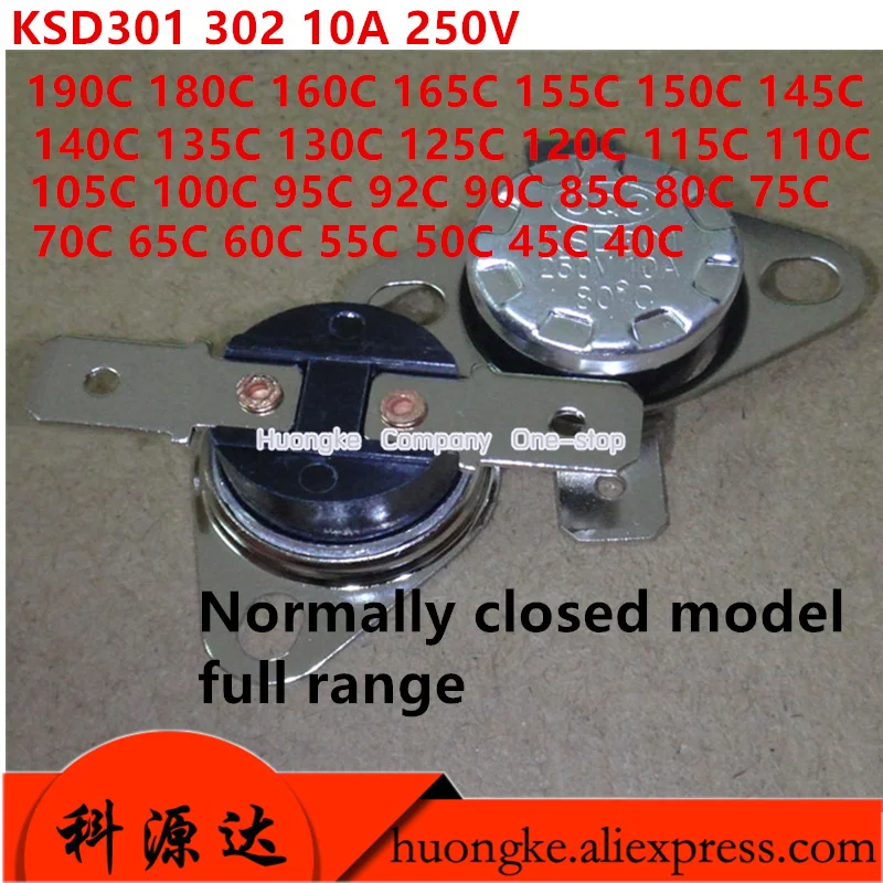 2pcs/lot KSD301 302 10A 250V Temperature Control Switch 110 Degrees -115 120 125 180 190 Degree Normally Closed Model Full Range