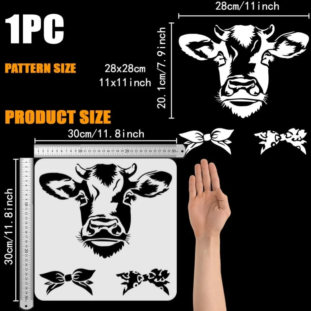 Cow Painting Stencil 11.8x11.8 inch Reusable Cow Head Pattern Drawing Template Plastic PET Bow Knot Stencil for Painting