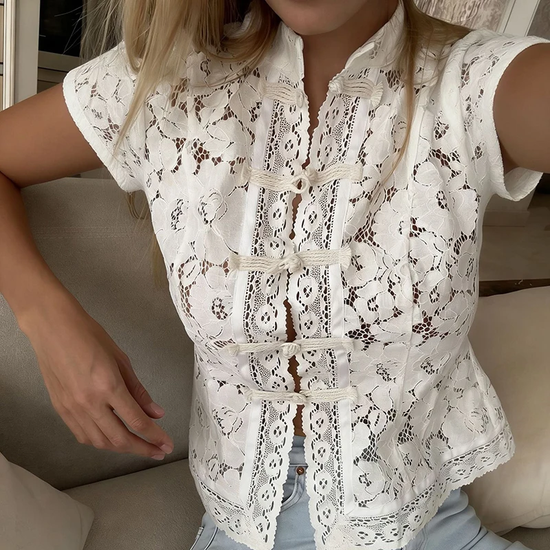 

Floral Lace Embroidery Solid Blouse Women Fashion Button Hollowo Out Summer Shirt Elegant Short Sleeves Stand Collar Vest Top
