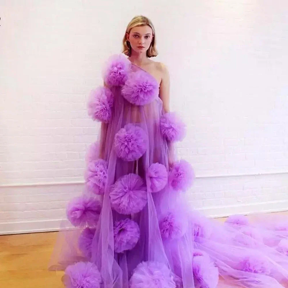 

New Design Purple Tulle Dresses One Shoulder Ruffles Puffy Ball Prom Party Gowns robes de soirée Evening Dresses