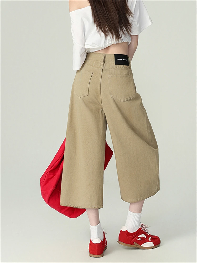 

Широкие укороченные джинсы цвета хаки, женские тонкие прямые свободные брюки с высокой талией, летние джинсовые брюки, зауженные леггинсы, осенняя мода