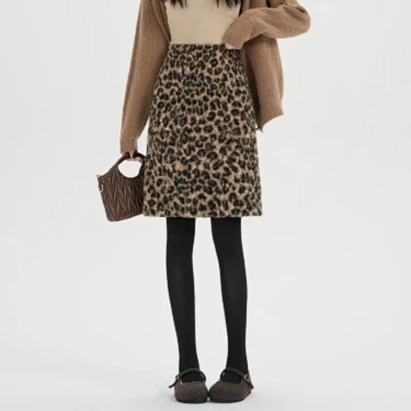 Women American Retro Leopard Print Woolen Skirt Autumn Winter Lamb Fleece Thickened Half Skirt M 4XL