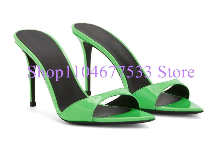 

Green Color Pointed Toe Thin Heel Lady Slippers Sandals Fashion Patent Leather Woman Casual Sandals Large Size Dress Shoes Pumps