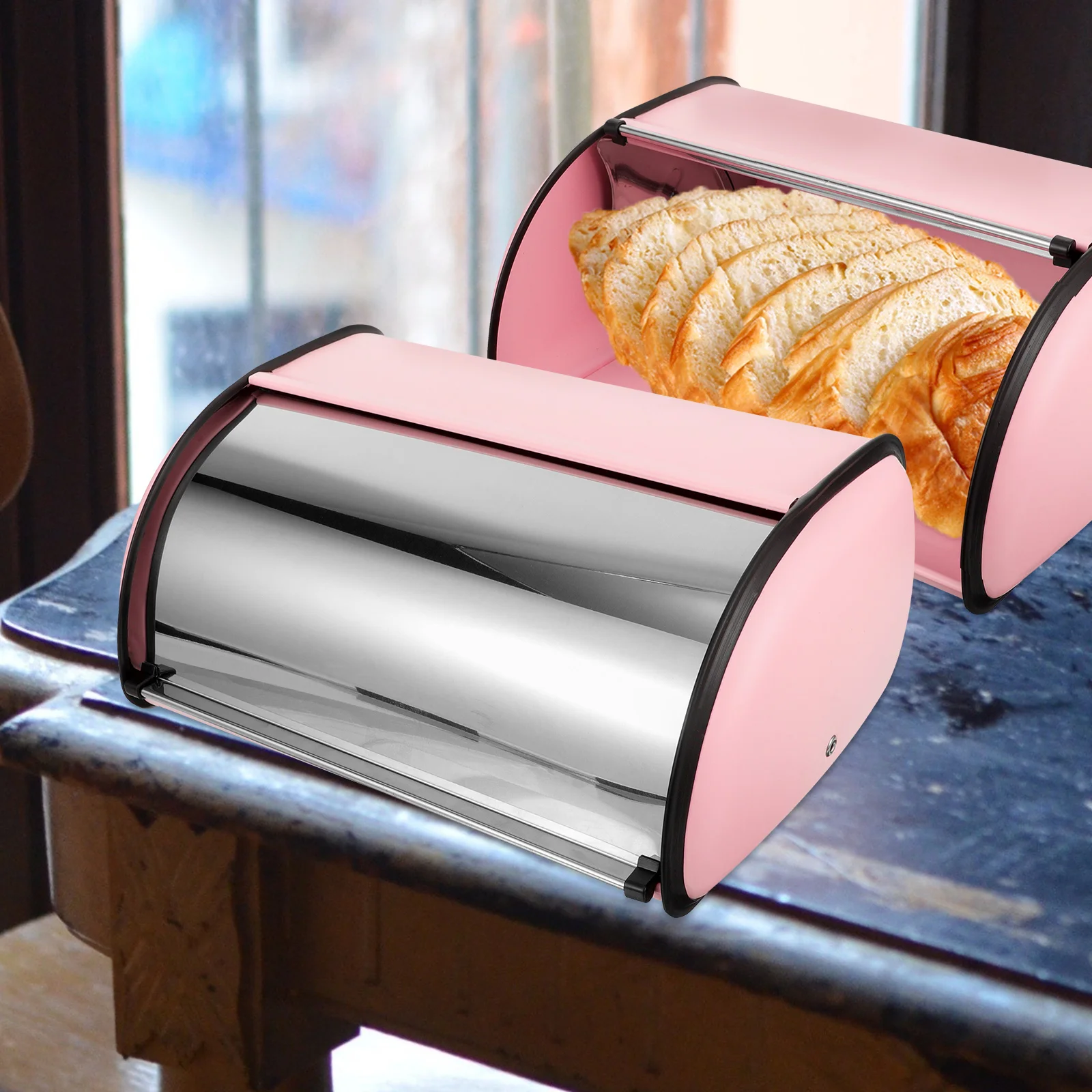 

Metal Bread Box Pink Mirror Drum Shape Storage Container Kitchen Countertop Shop Stainless Steel Dustproof Bread Storage